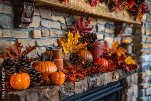 Seasonal Fireplace Setting with Pumpkins and Autumn Leaves