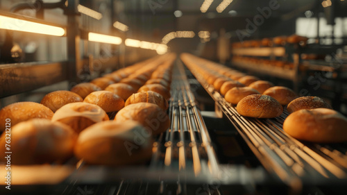 Freshly baked loaves of bread travel down an industrial conveyor belt in a bakery.