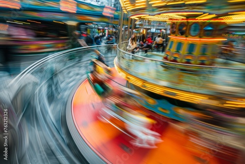 Dynamic High-Angle Shot of Colorful Carousel, Essence of Joy