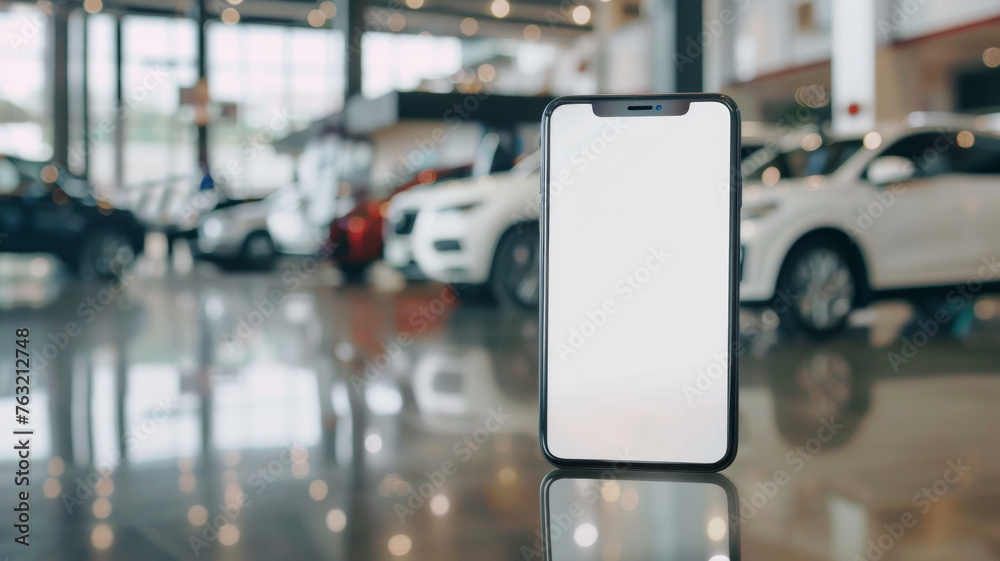 custom made wallpaper toronto digitalSmartphone standing on a glossy surface with a blurred car dealership backdrop.