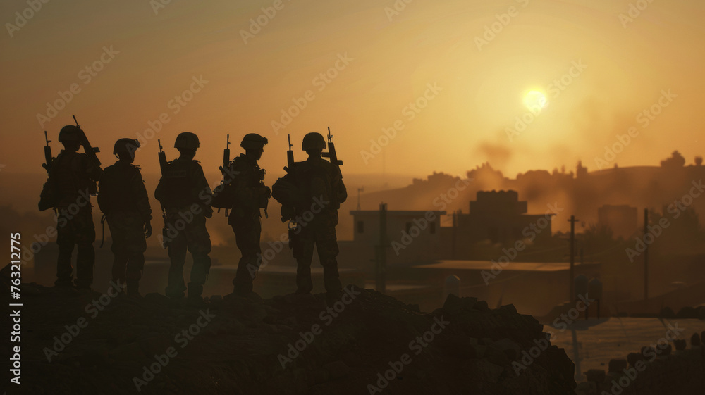 Soldiers silhouetted against a dusky sky with looming smoke on the horizon.