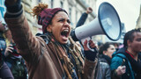 A passionate activist shouts into a megaphone during a dynamic protest.