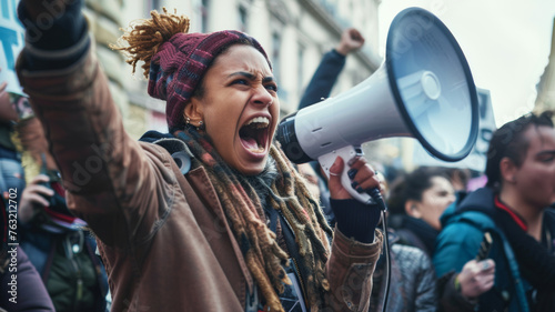A passionate activist shouts into a megaphone during a dynamic protest. © VK Studio