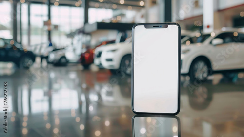 Wallpaper Mural Smartphone standing on a glossy surface with a blurred car dealership backdrop. Torontodigital.ca