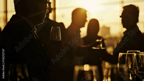 Silhouetted guests enjoying wine against the backdrop of a warm, intimate sunset.