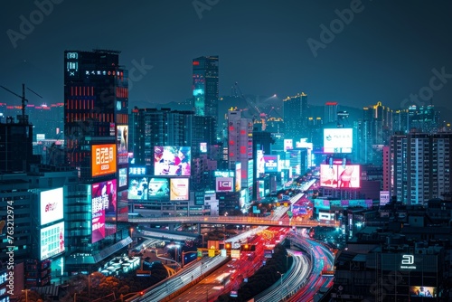 Urban Nightlife: Panoramic City View with Glowing Ads
