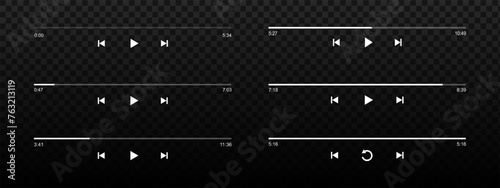Set of audio or video player loading bars with time slider, play, rewind and fast forward buttons on black background. Templates of audioplayer or audiobook app interface. Vector graphic illustration. photo