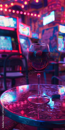 Mobile vertical wallpaper photograph of red wine glass in a 90s arcade center.. Story post.