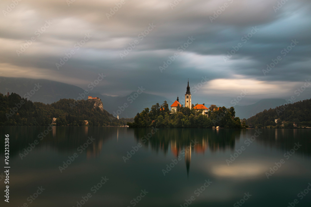 Amazing View On Bled Lake, Island,Church And Castle With Mountain Range