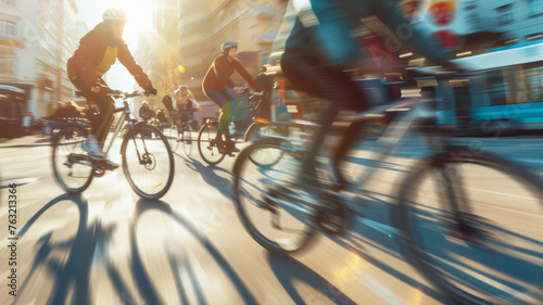 Cyclists in motion on a vibrant city street at sunset.