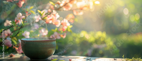 photograph of a steaming cup of matcha tea set against a backdrop of a blossoming garden. with empty copy space #763213579