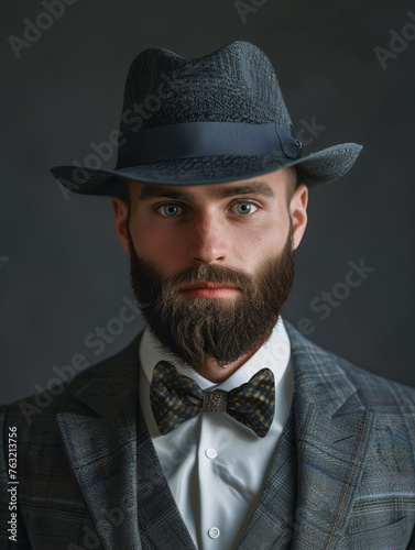 The gentlemanly portrait features a bearded man wearing a patterned bow tie and a vintage fedora-style hat