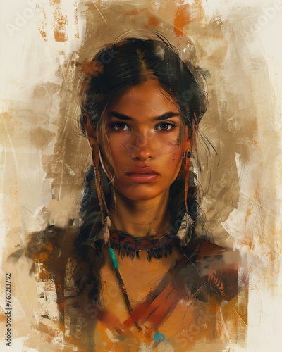 Image of Pocahontas in her classic depiction, native american girl belonging to the Powhatan tribe around 1615. photo