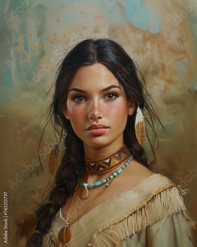 Image of Pocahontas in her classic depiction, native american girl belonging to the Powhatan tribe around 1615.