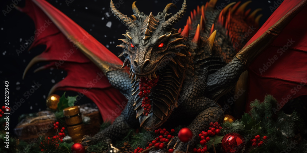 Fototapeta premium Christmas dragon background. Christmas card template. Happy New year backdrop. Horoscope, calendar.