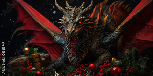Christmas dragon background. Christmas card template. Happy New year backdrop. Horoscope  calendar.