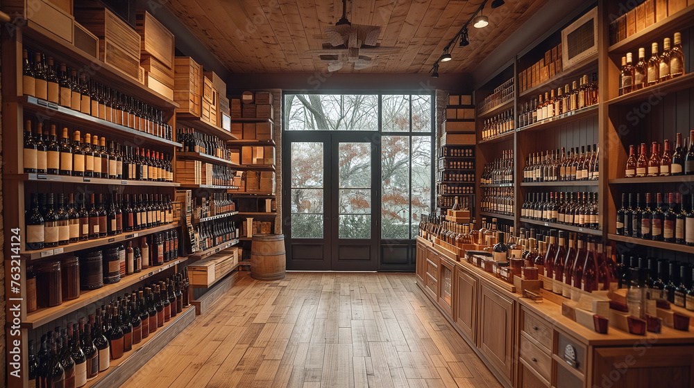 Luxury wine shop with wooden interior decoration.