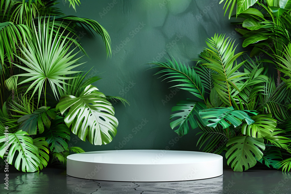 product podium display with tropical plants backdrop product podium display with tropical plants backdrop