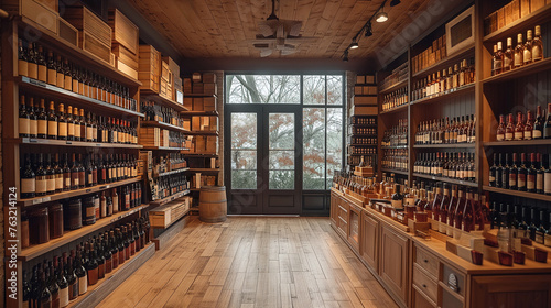 Luxury wine shop with wooden interior decoration. photo