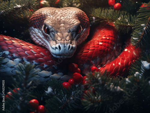 Christmas snake background. Christmas card template. Happy New year backdrop. Horoscope, calendar.