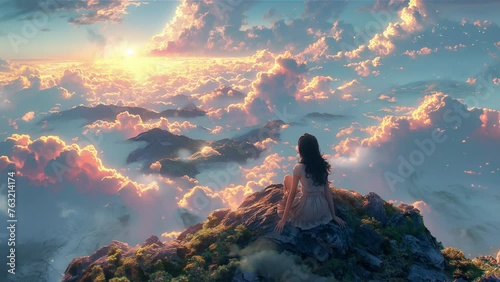 A woman sitting on top of a mountain looking at the sky. Loop animation photo