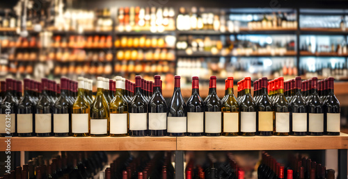 Bottles of wine with empty labels in a row on a shelf in a wine store. © AB-lifepct