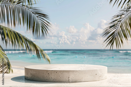 product podium display with beautiful sand beach daylight time for advertisement 