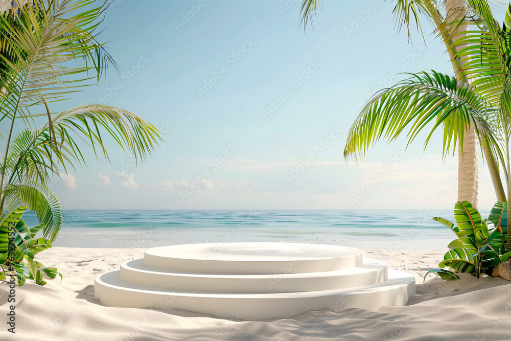 Fototapeta premium product podium display with beautiful sand beach daylight time for advertisement 