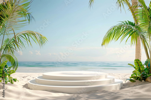 product podium display with beautiful sand beach daylight time for advertisement 