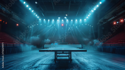 A ping pong table is in the middle of a large arena