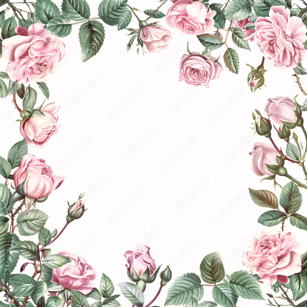 florals frame with vintage watercolor roses and leaves on white background for card template