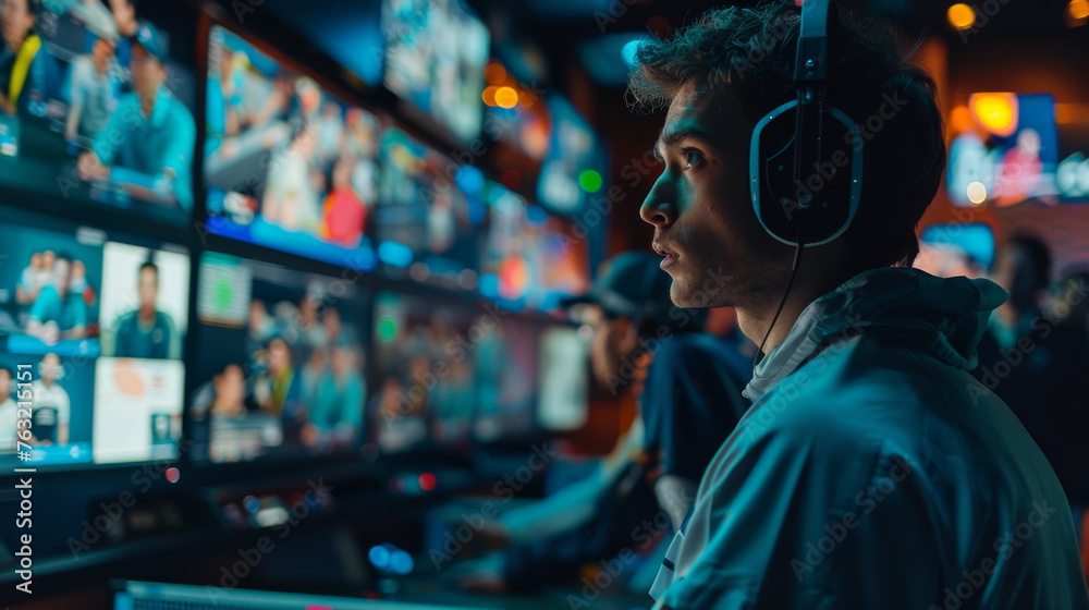 A man wearing headphones is looking at a computer screen with multiple monitors A man wearing headphones is looking at a computer screen with multiple monitors