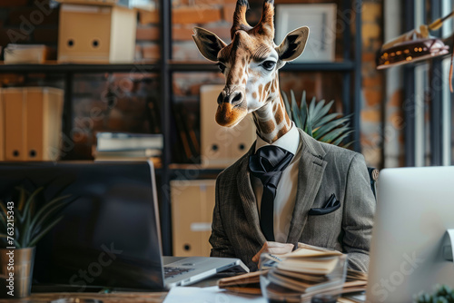 A giraffe wearing glasses sits at a desk in front of a computer. The giraffe is dressed in a suit and tie, giving the impression that it is a businessman, wearing a suit and working in an office