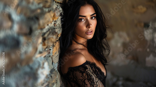 photoshoot of a brunette woman Full Body, with empty copy space, Glamorous,, cut stone wall background