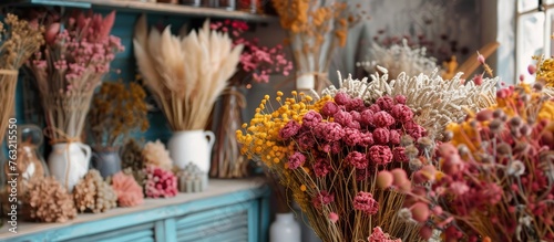Various dried flowers, including magenta petals and grass, beautifully arranged on a table in a store showcasing the art of flower arranging and floristry