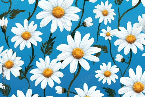 Repetition concept. Top view. Pattern made of chamomile flowers on blue background. Spring  summer concept. Flat lay  top view  copy space