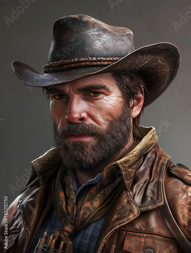The image depicts a grizzled cowboy with a stern expression, wearing a weathered leather hat and a textured scarf