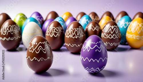 Colorfule iced sugar decorated chocolate easter eggs standing on clear background photo