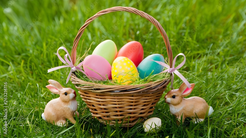 Charming Easter basket adorned with ribbons and playful bunny figurines Charming Easter basket adorned with ribbons and playful bunny figurines