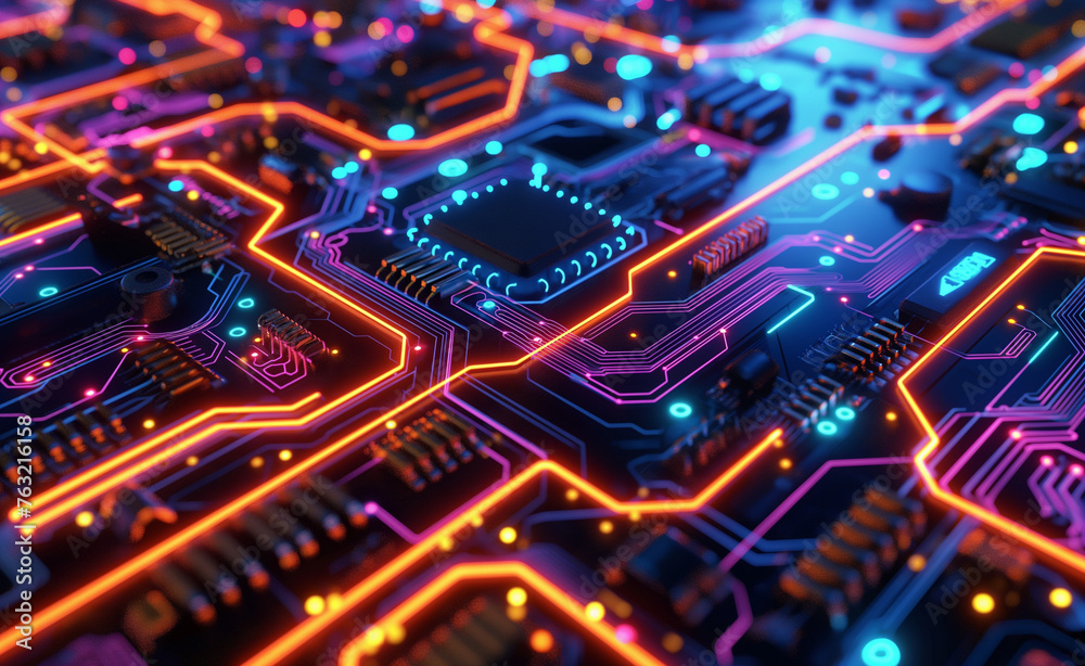 Futuristic neon-lit circuit board Futuristic neon-lit circuit board