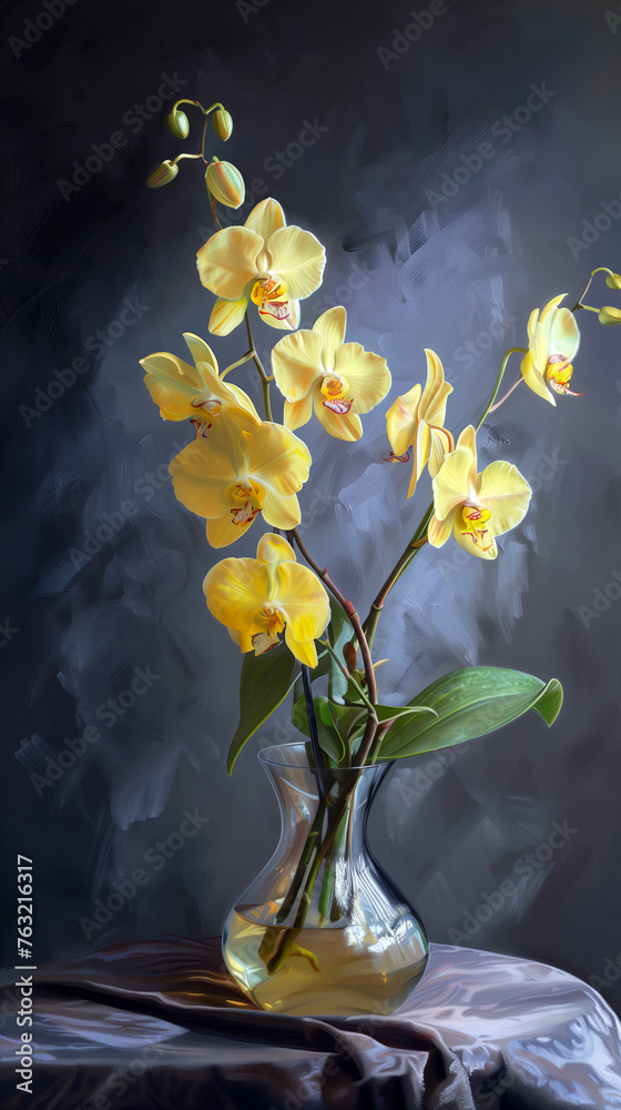 Modern hyper realistic still life illustration, oil painting styl, vase with yellow orchids - obrazy, fototapety, plakaty 