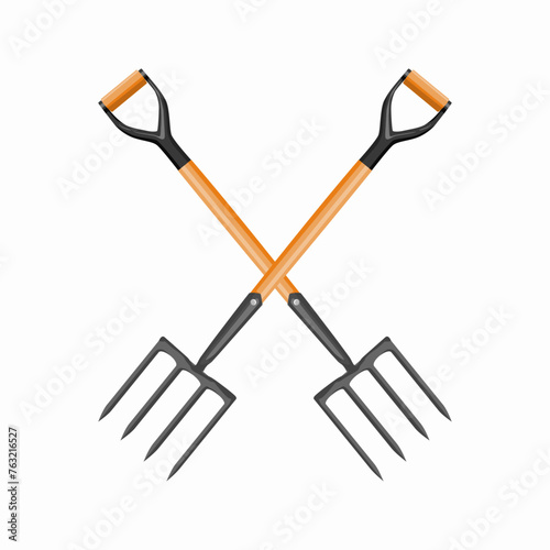 4 tine spading ,digging fork, garden digging spading fork  illustration on white background. crossed garden fork illustration isolated on white background. crossed garden fork illustration.