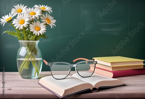 Books, glasses and bouquet of flowers on the teacher's desk, on the background of a chalkboard. Concept Teacher's Day, school, knowledge day.