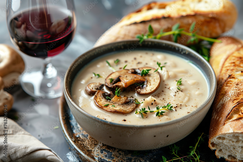 Studio food photography, cream mushroom soup, served with a french baguette