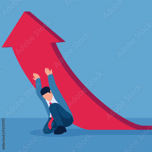 Man jacks up arrow to make it go upwards, illustration for profit increase.