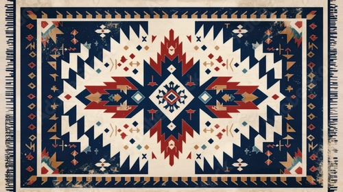 Vintage of Native American Patterned Rug with Aztec Motifs in Navy Blue and Red - 249385