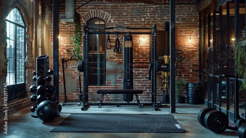Modern home gym setup with an industrial vibe, including heavy-duty free weights, yoga mats and resistance bands, all displayed against a background of exposed brick and concrete floors. photo