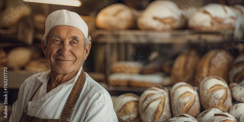 Experienced Baker Smiles Contentedly Against Backdrop of Fresh Loaves in Artisan Bakery, banner with copy space