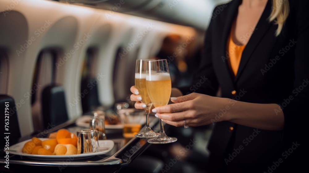 Attendant pours champagne for first-class passenger detail attention Attendant pours champagne for first-class passenger detail attention