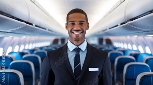 Assisting ready flight attendant professional uniform cabin presence